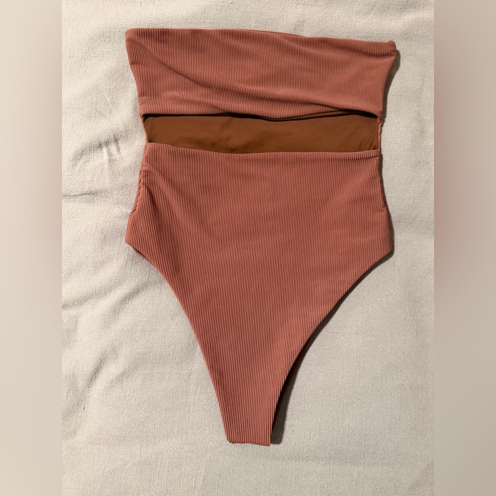 Ribbed One-Piece Swimsuit, Brown - Small